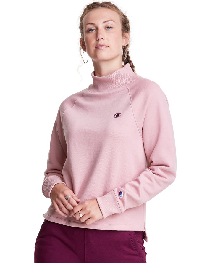 Champion Powerblend Fleece Mock Neck Embroidered Logo Kadın Sweatshirt Bej Rengi ( BFOERW267 )